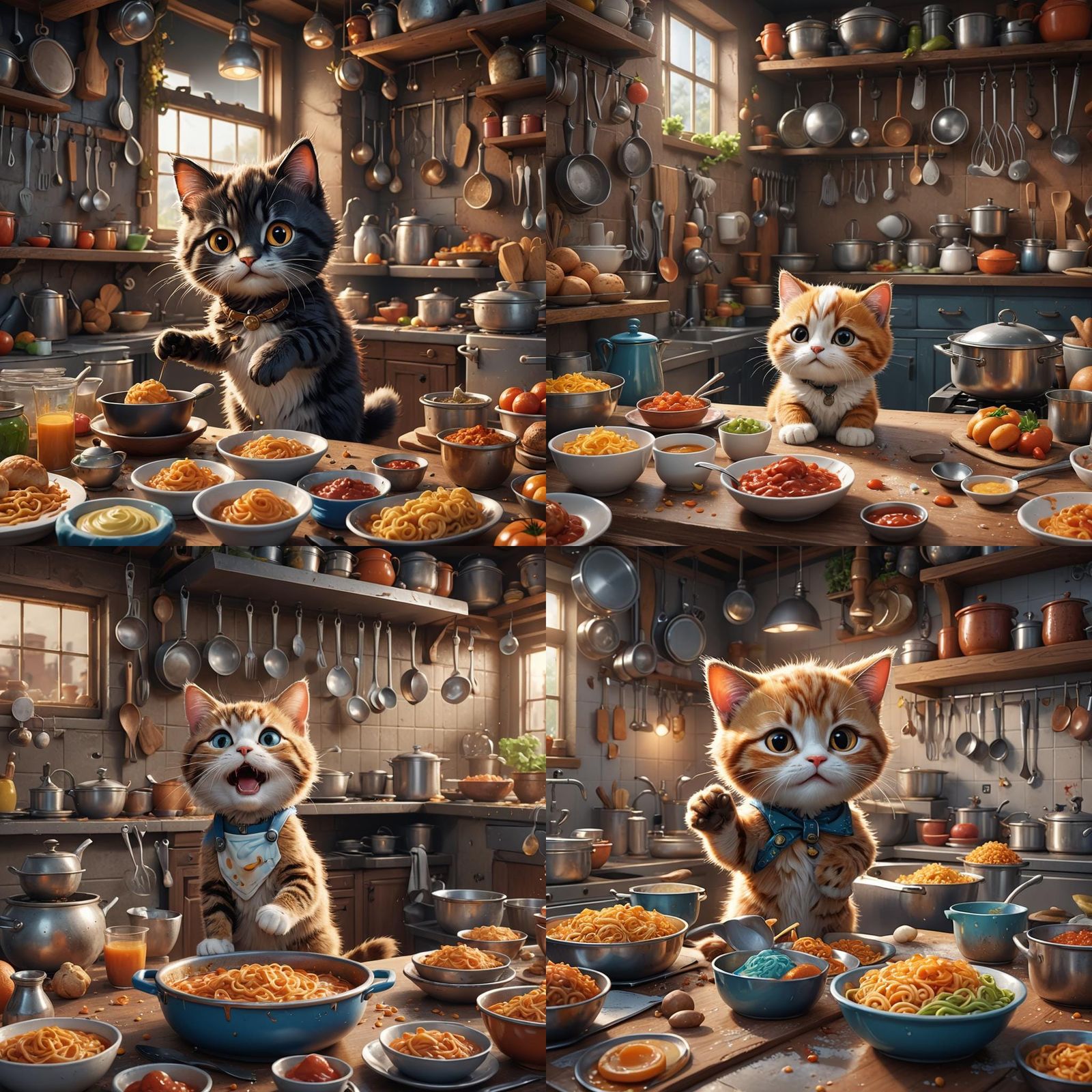 Dessin animé inspiration pixar. Chaton mignon qui vient de faire une bêtise dans une cuisine