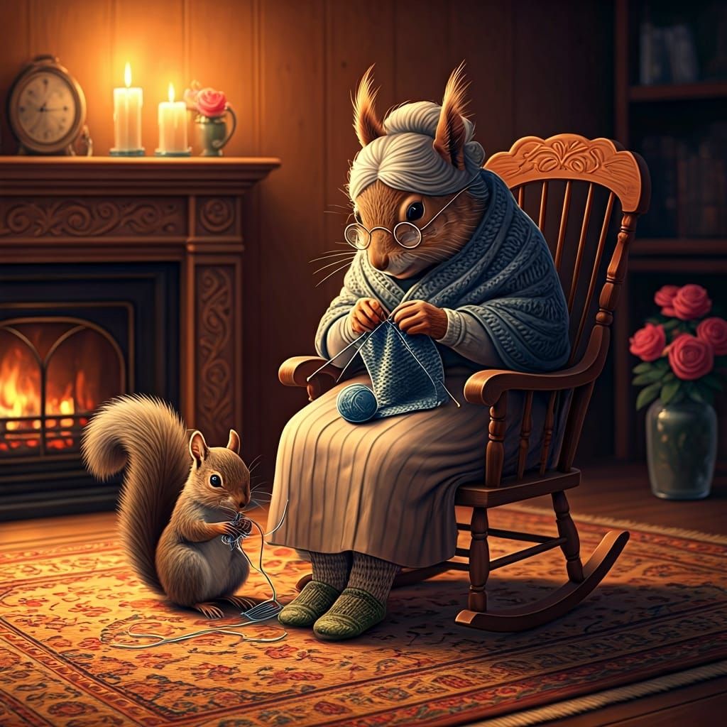 A charming, bespectacled squirrel grandmother with a winsome smile, wearing a cozy shawl, sits knitting ...  by @The Lantern Nymph