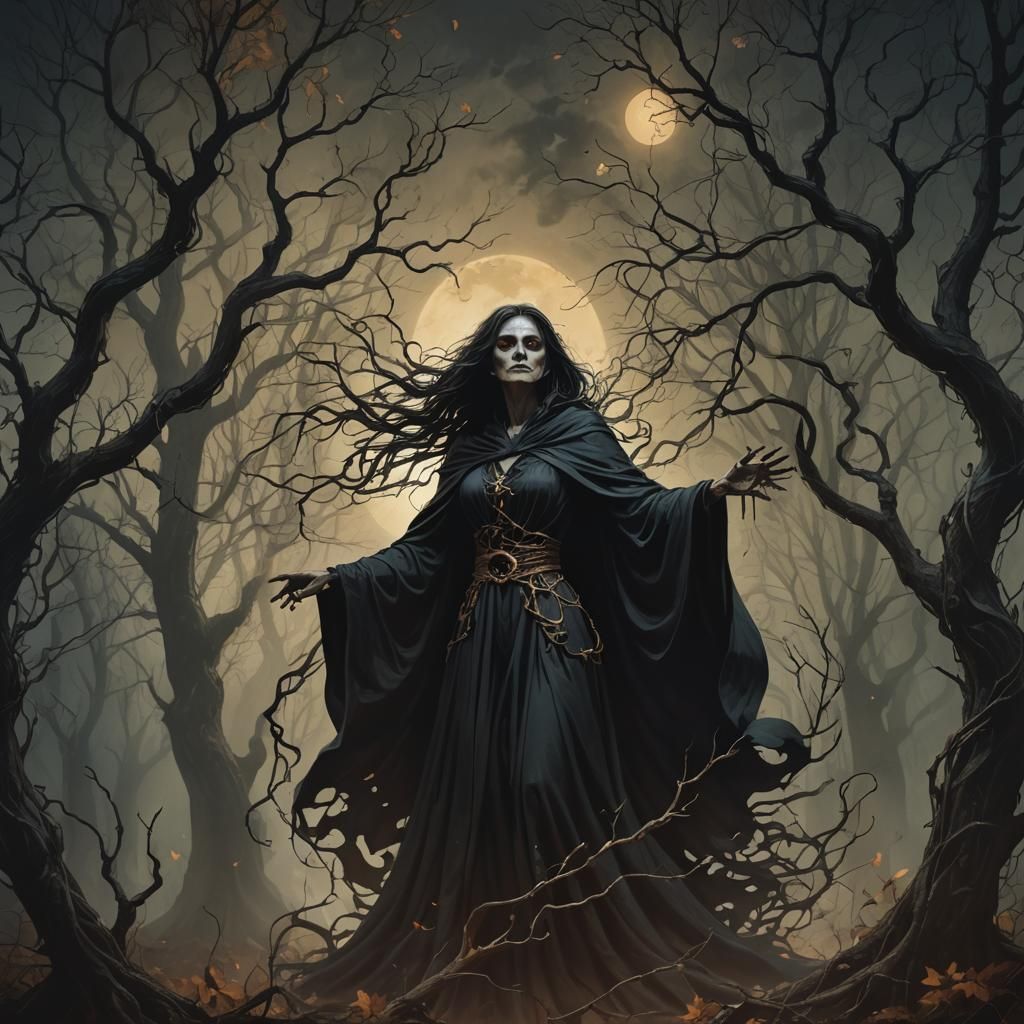 FOREST Witch, AUTUMN brown, TREES THAT twist IN THE MOONLIGHT 