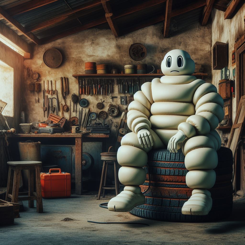 Vintage Michelin Man taking a break at his garage