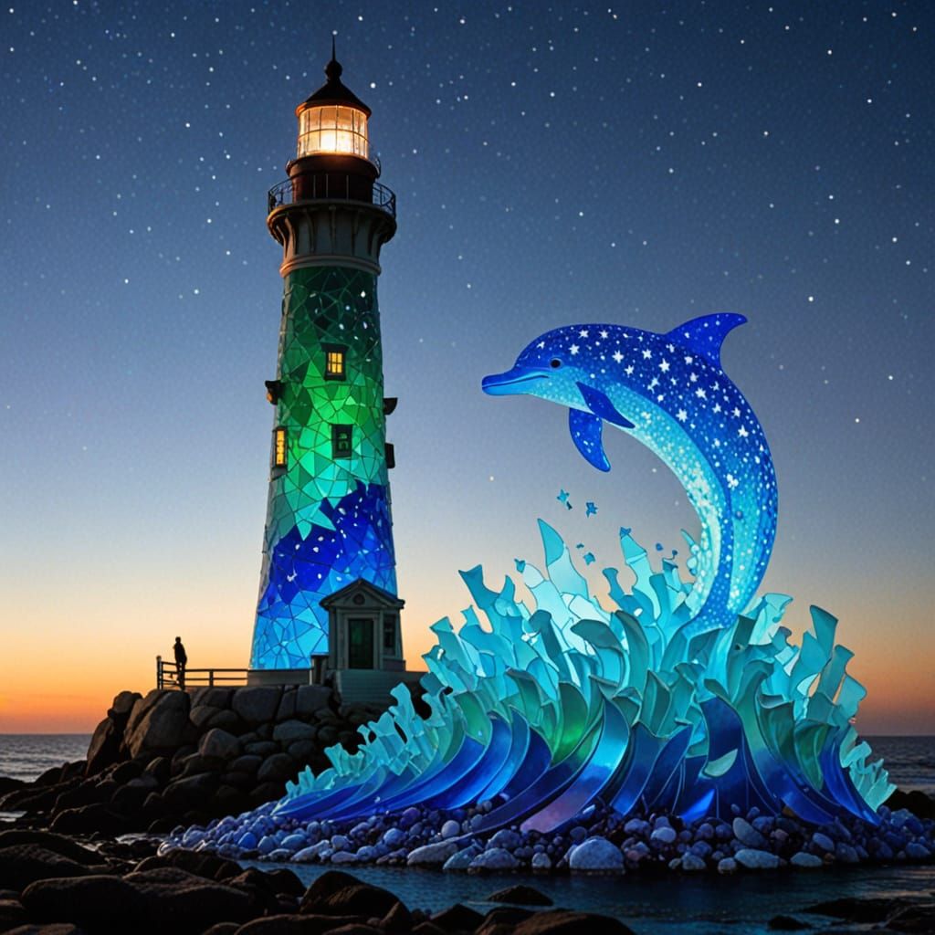 Sea glass sculpture. A glowing lighthouse built from emerald and cobalt sea glass. A dolphin sculpture ...  by @Basic_Shmasic