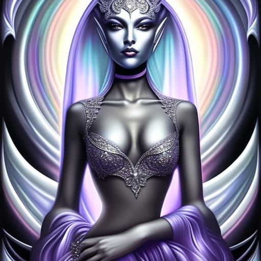 Full Body Noir painting of a beautiful pale Alien Woman dres...