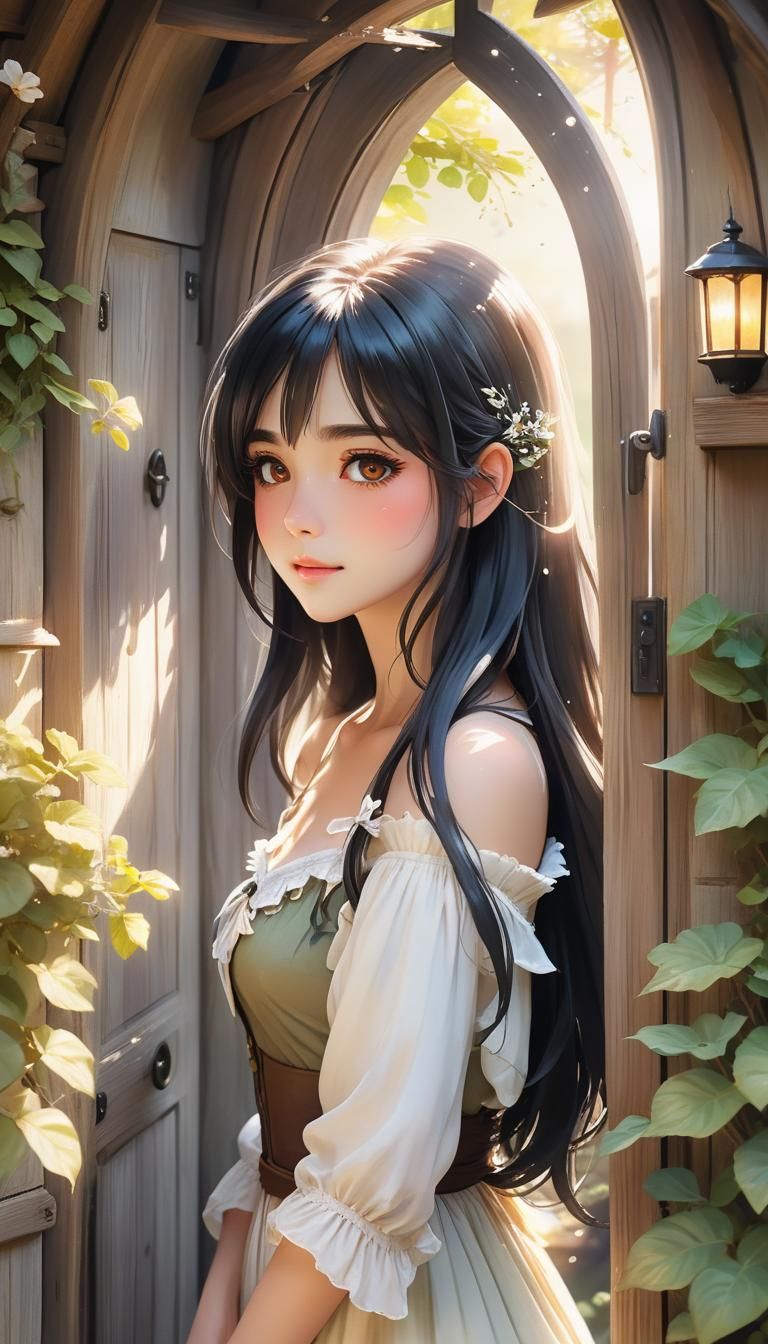 After I knocked, She opened the door of her fairy tale cottage.  "Yes?" She asked.  I could not answer, that is how pretty she was.  Long bl...