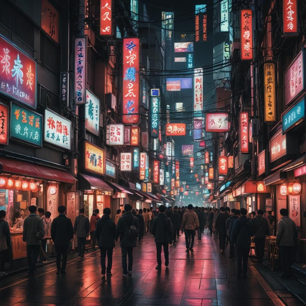 Bright glowing colored Neon Signs in downtown Tokyo Street, ...
