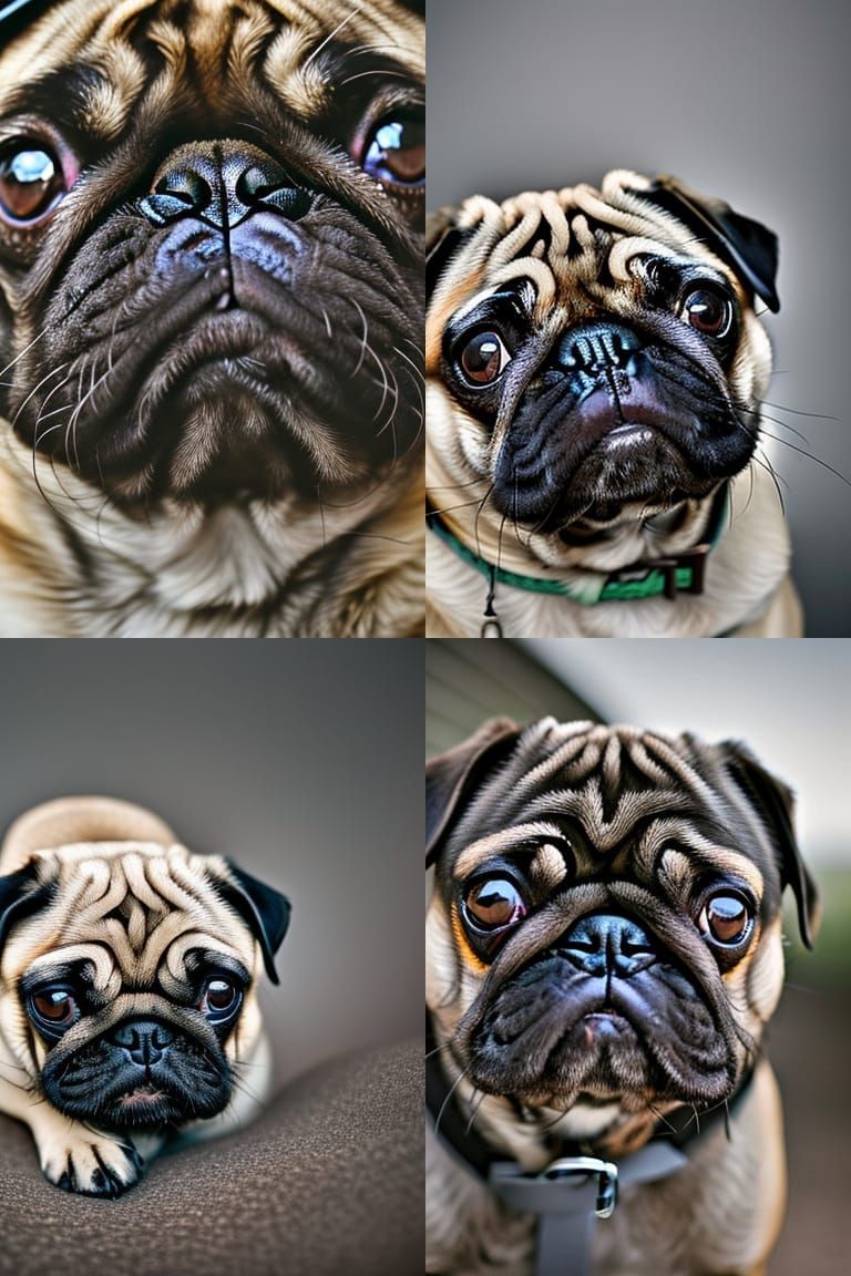 Happy pug. Fat pug. Black pug. Close up portrait, ambient li...