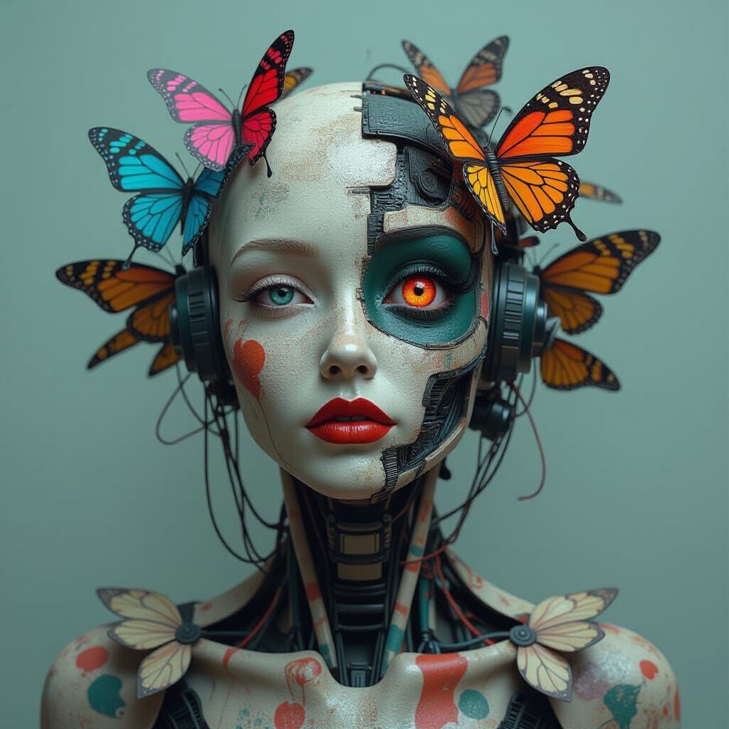 The image depicts a surreal, biomechanical figure with a distorted human face, incorporating a blend of organic and mechanical elements. The...