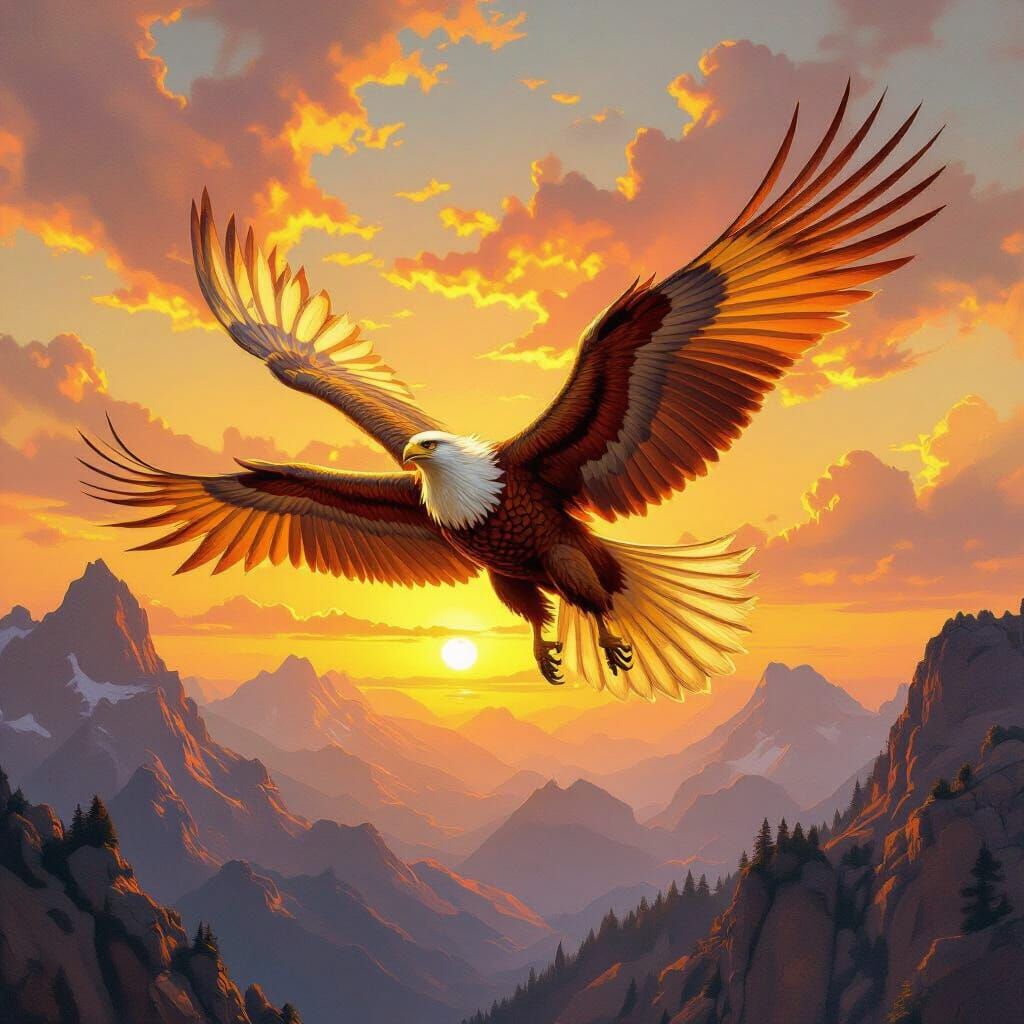 Majestic Griffin Soaring Over Mountains in Sunset Oil Painti...