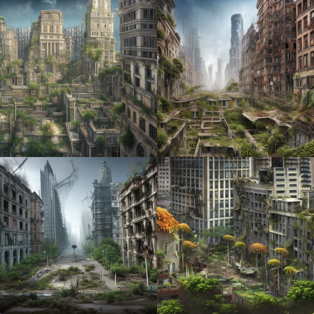 Decaying City Reclaimed by Nature: Detailed Matte Painting