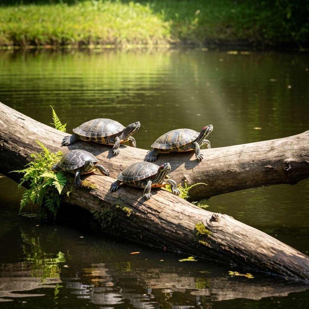 Freshwater turtles basking in the sun on a floating log in a natural fishpond.  by @Max Strandberg