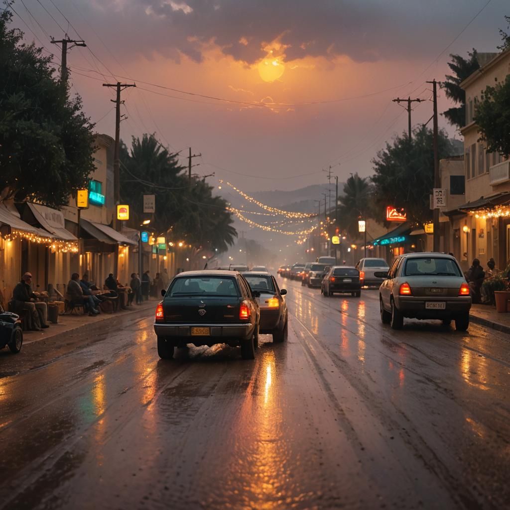 Boy Driving at Sunset, Oil Painting Style