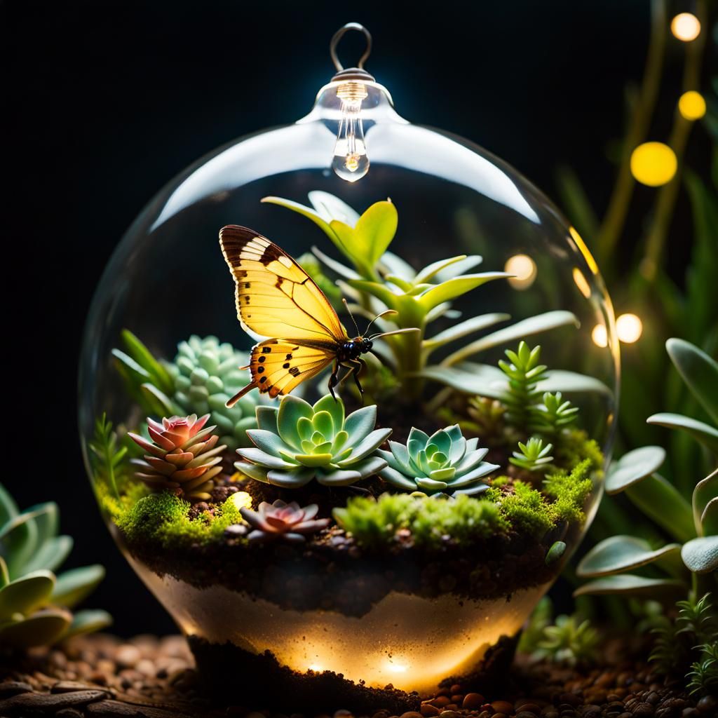 Lush terrarium in a light bulb with succulents and a butterfly AI