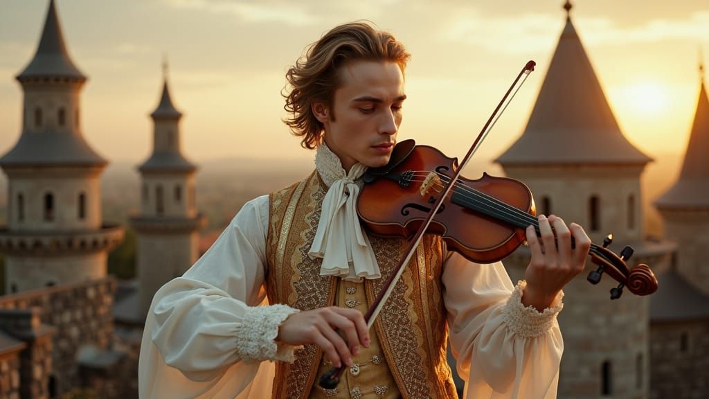 Elegant Fiddler in Baroque Style on Castle Roof