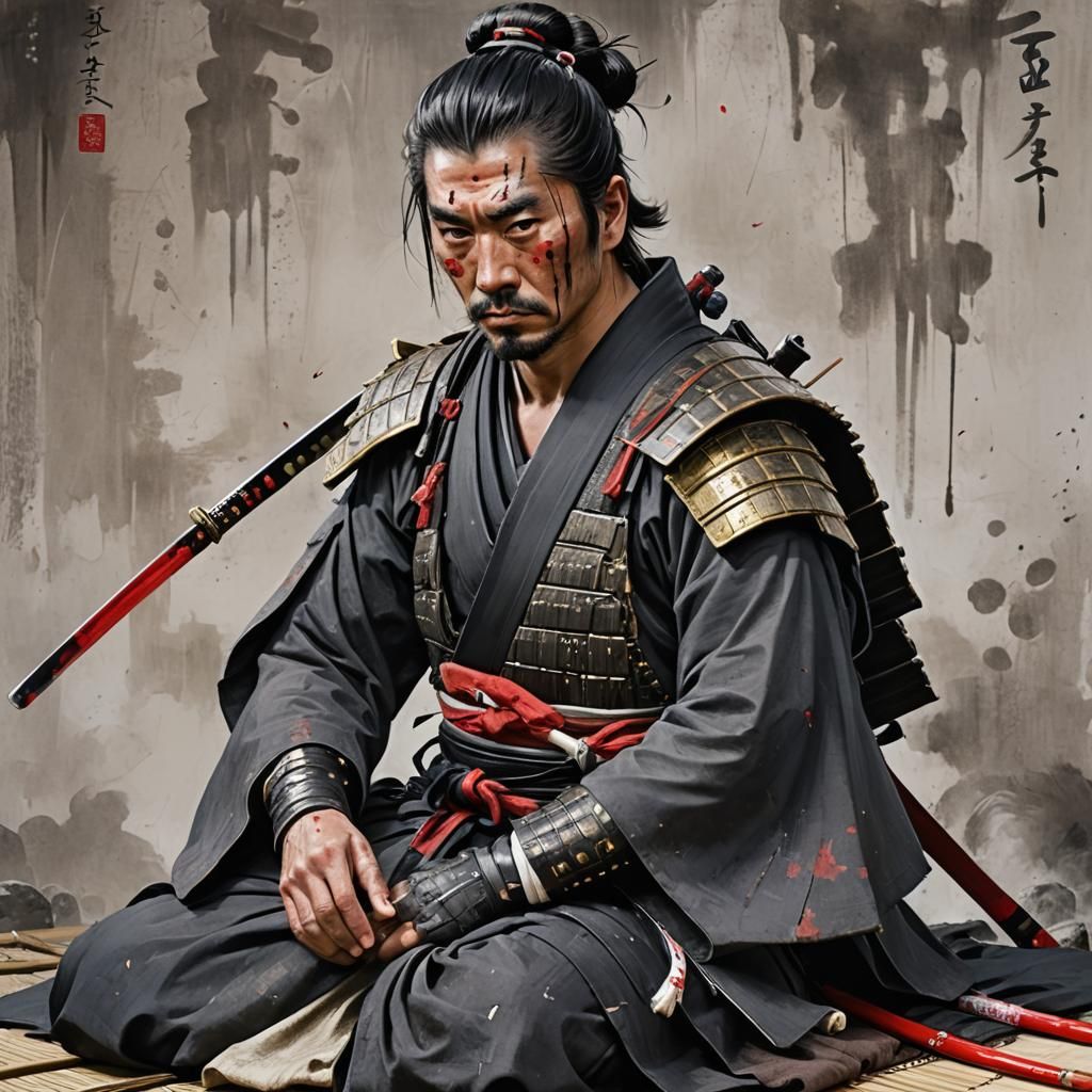 Battle-Hardened Samurai Resting, Cyberpunk Aesthetic