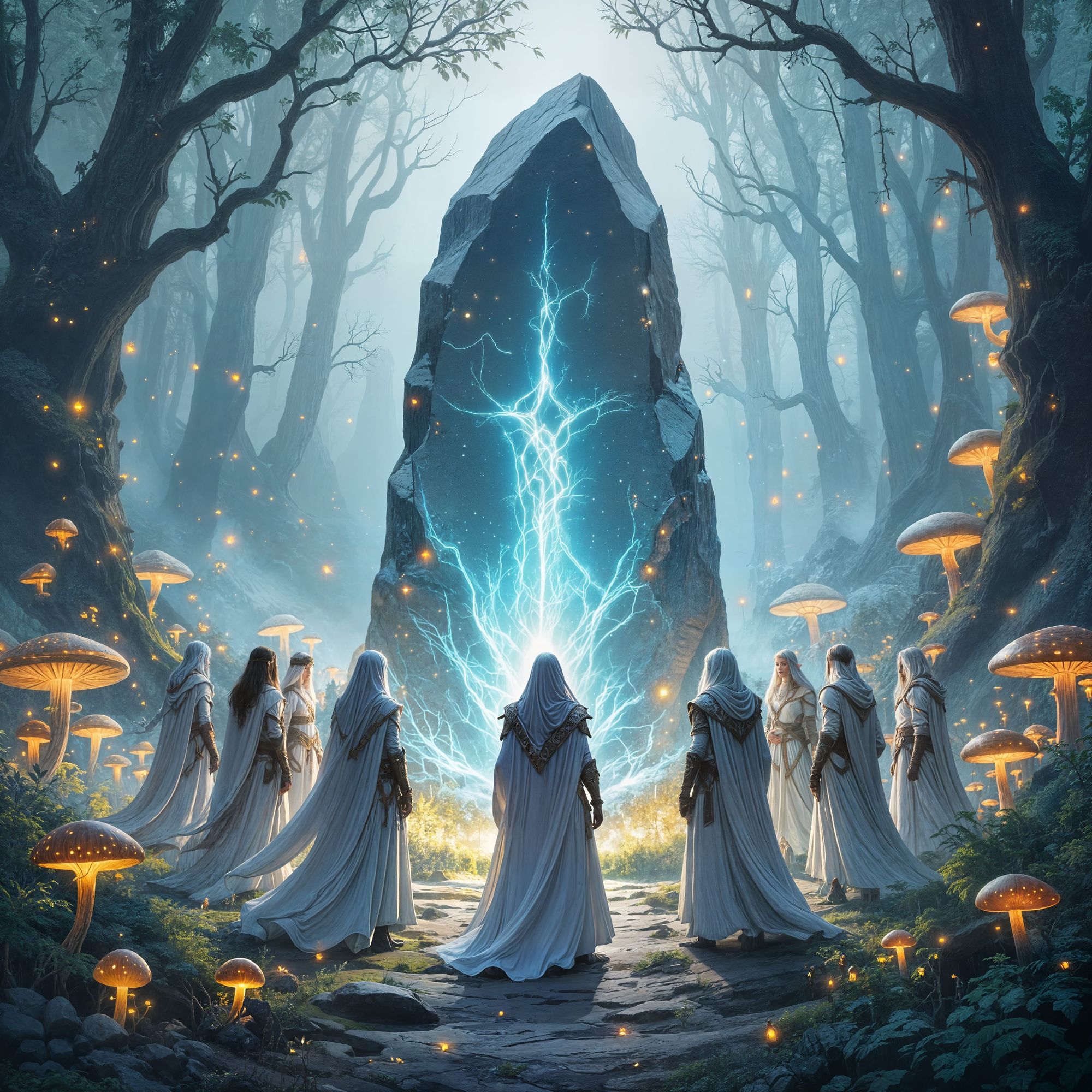 Elves encircle a giant monolith in the enchanted forest the monolith glows with blue light.