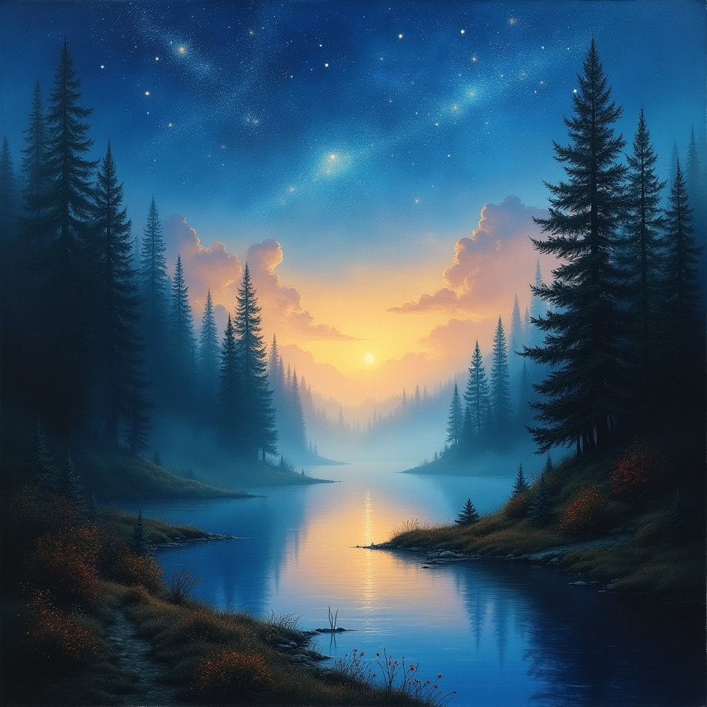 A river in a forest, medieval fantasy, midnight blue sky, award-winning painting, tall trees, conifers, mysterious, foggy, stars above, sunr...