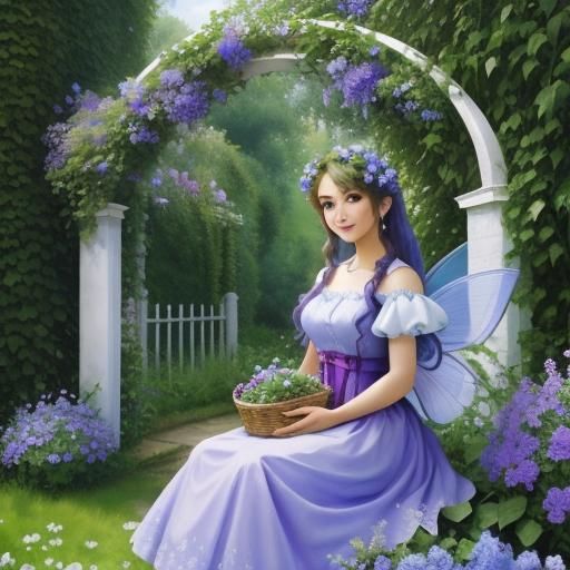 a fairy girl , sitting, holding a basket filled with sky blue and ...