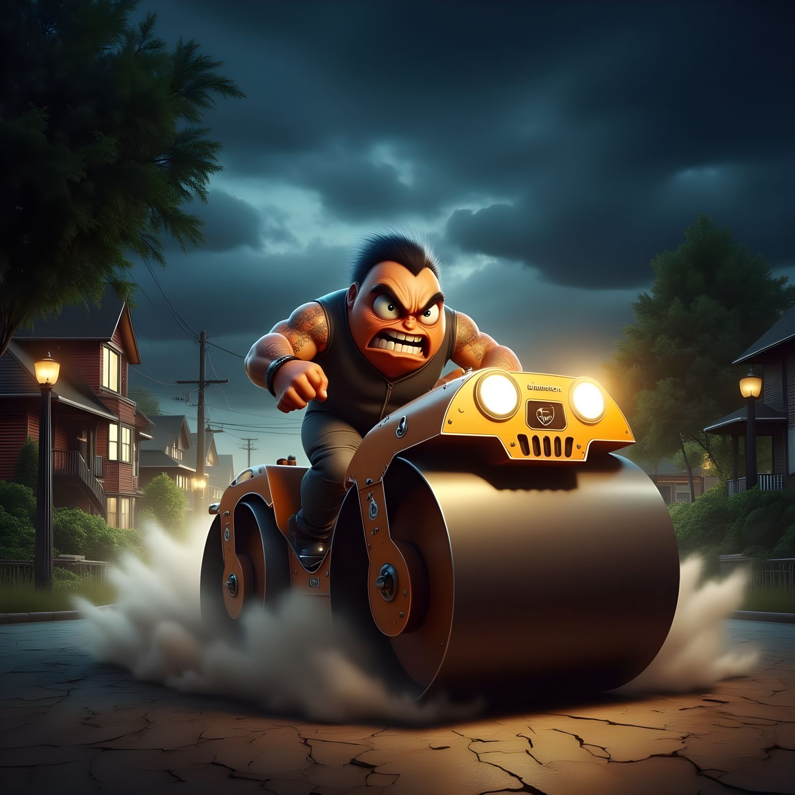"Roid Rage "<lora:-Angry Eggs-:1.0> Angry Man driving a stea...