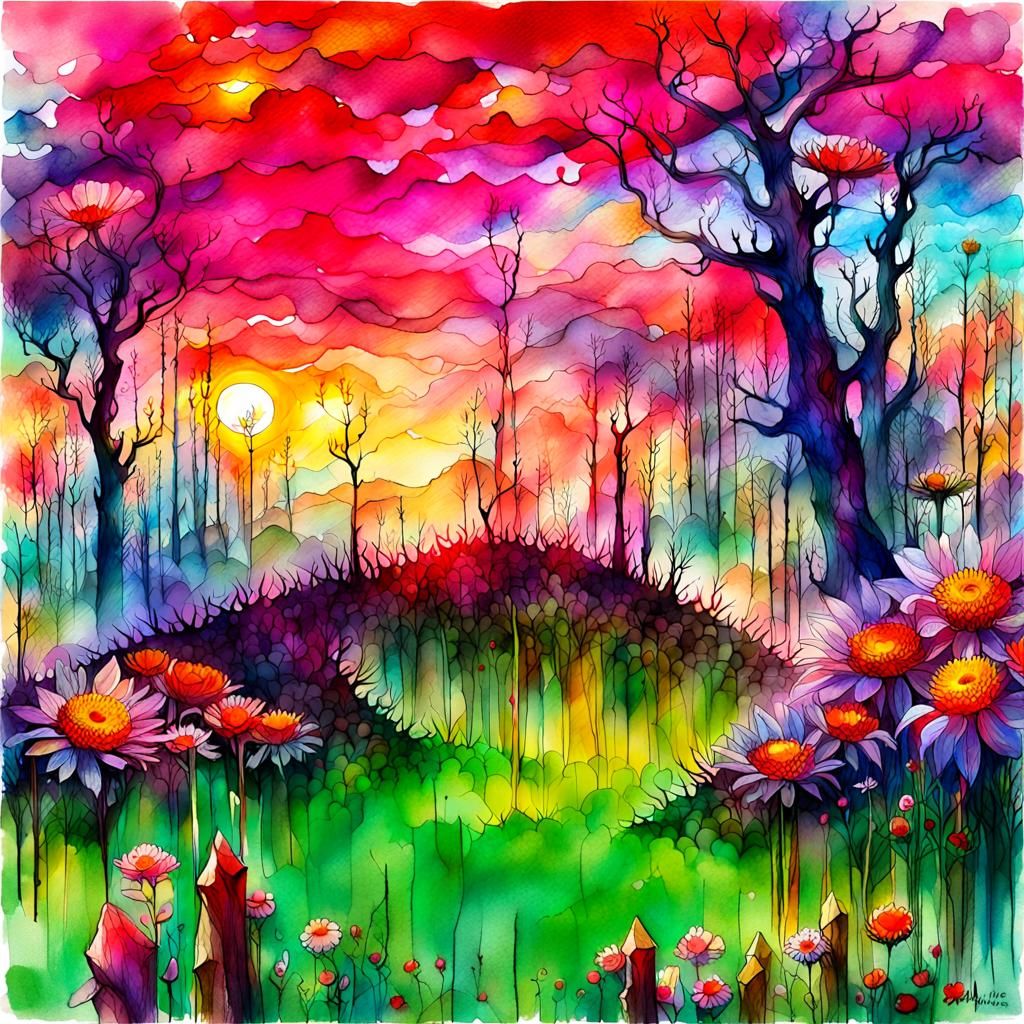 Water color.  Flowery hill at sunset