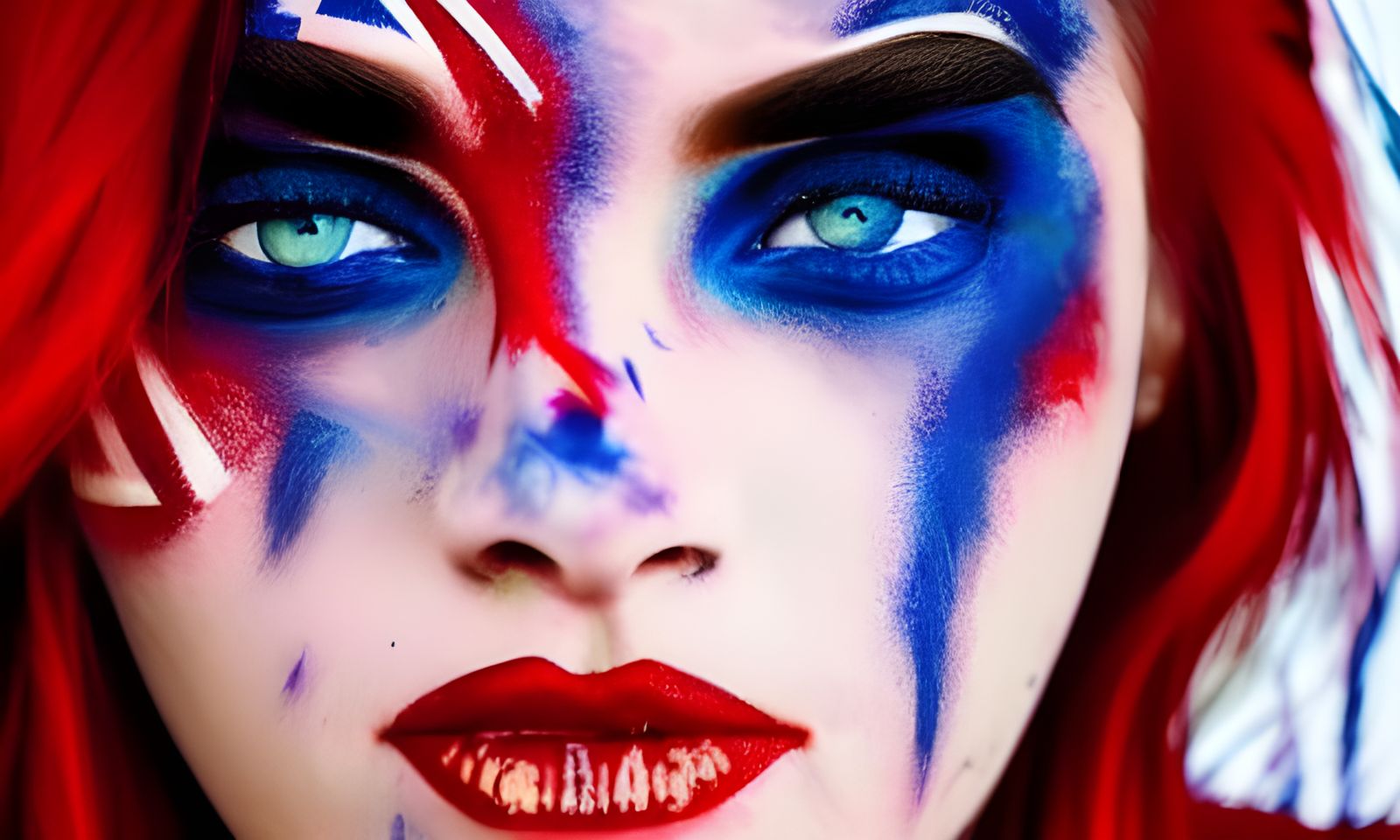 Most attractive female, she wears nothing but red and blue body paint