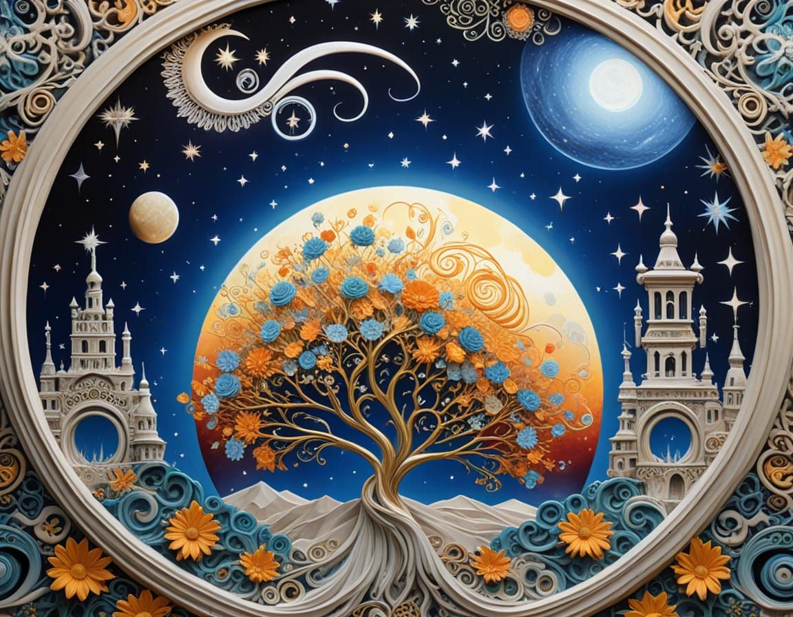 Celestial Sun and Moon Goddess in Cosmic Bloom