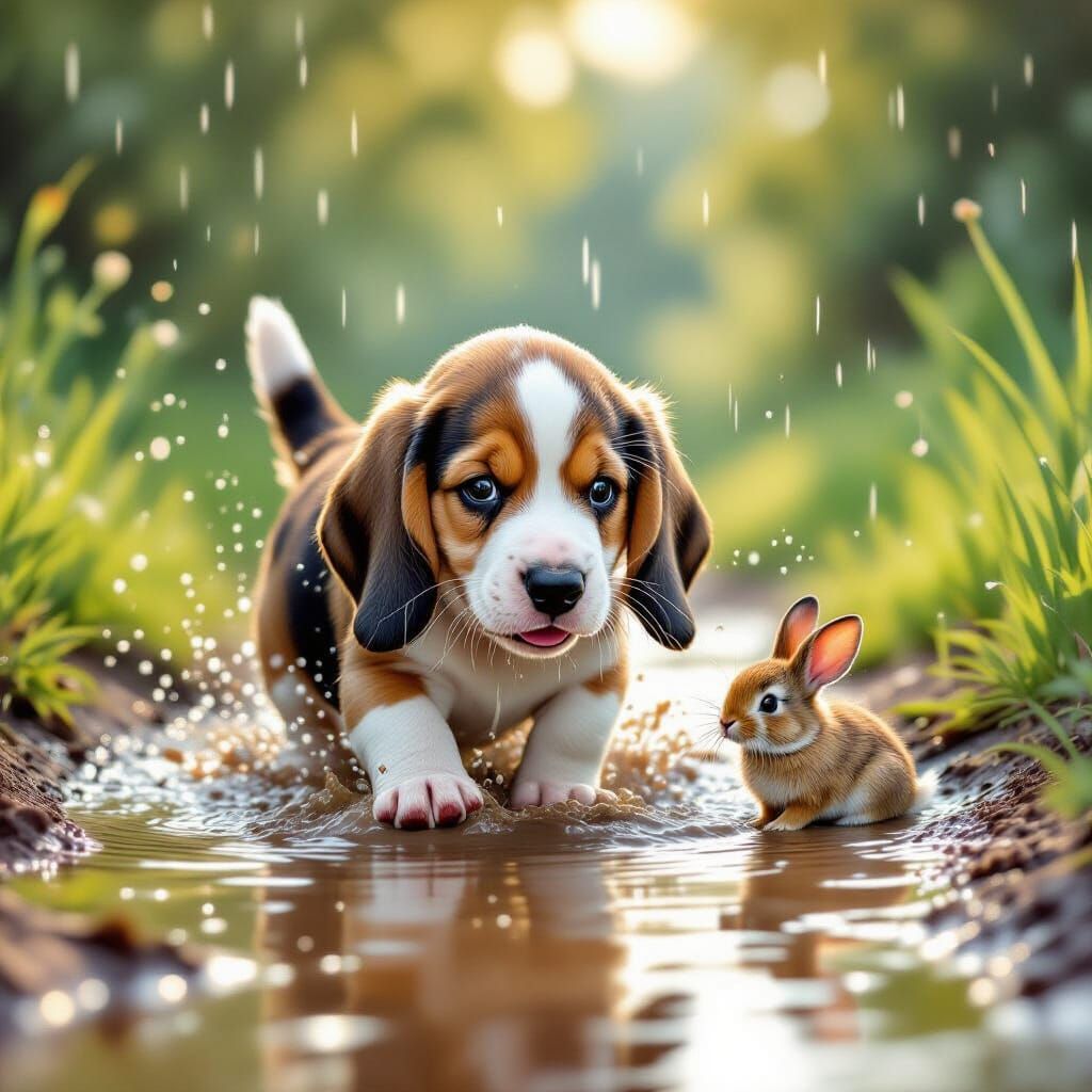  Adorable little cute Basset Houndplaying in a puddle on a rainy day chasing a rabbit  by @Adalovelace