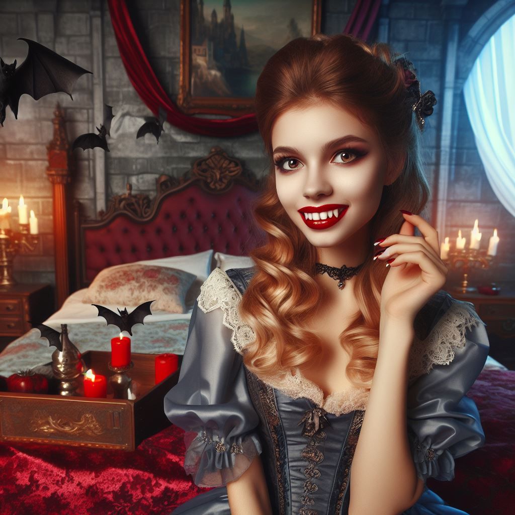 A pretty vampire girl in her bedroom in a castle somewhere in ...