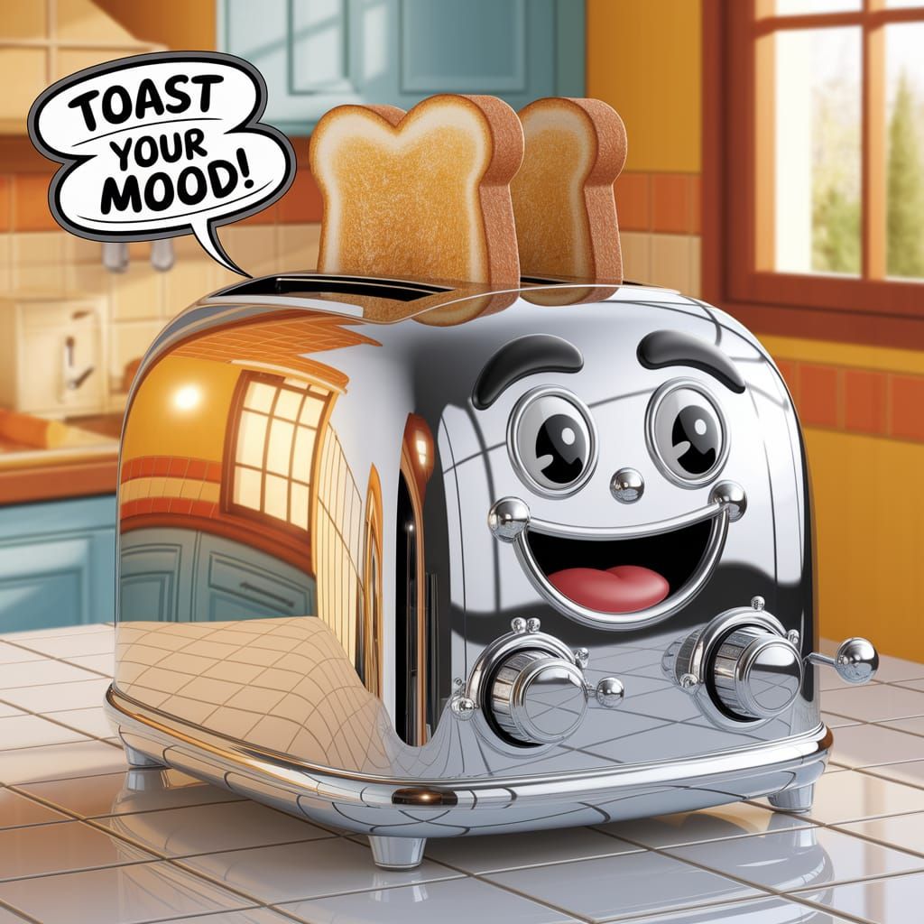 A shiny chrome toaster with a big, joyful cartoon-style face, laughing brightly.  by @mgafner