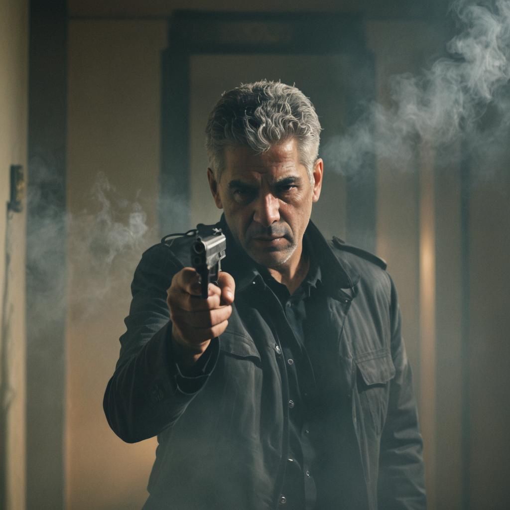 Intense Cinematic Still of Man with Gun