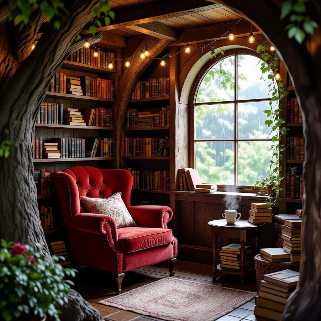 A cozy, hidden reading nook built into a charming, old-fashioned treehouse, complete with shelves overflowing ...  by @Runarguten