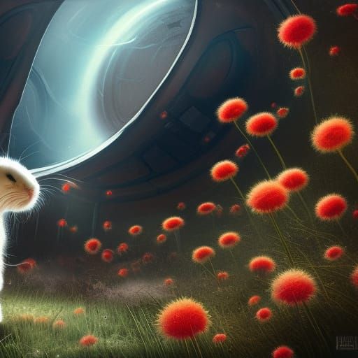 White rabbit with black nose, eating dandelions, in a tunnel...