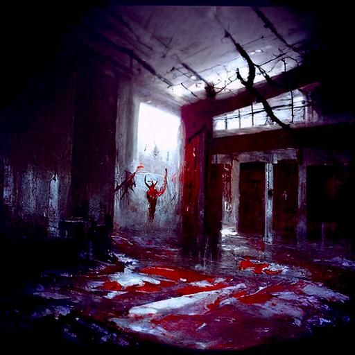 Abandoned mental facility hall with blood splattered on wall...
