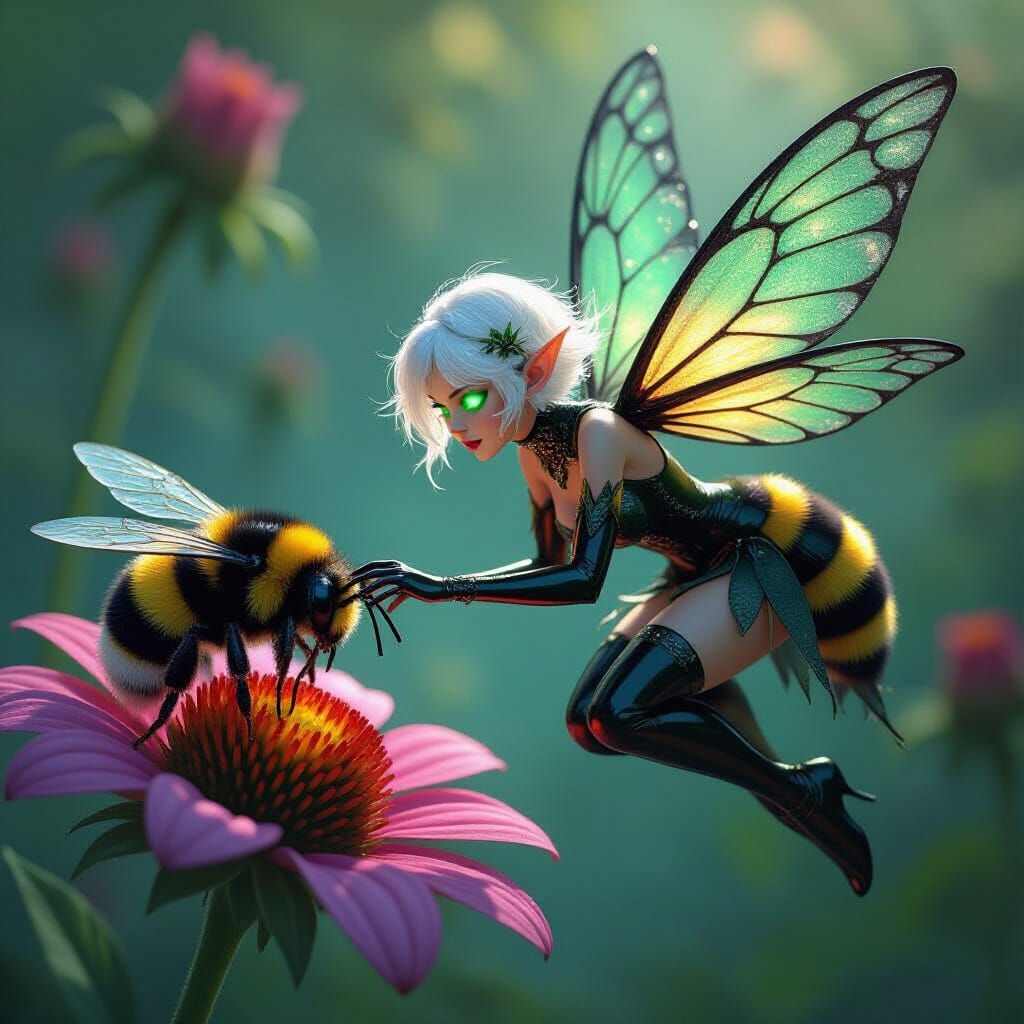 A fairy clad in shimmering black chitin flies precariously around a giant bumblebee. The fairy's wings ...  by @Carnage_Asylum
