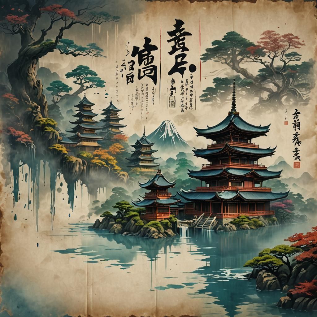 Old Japanese Text On An Old Piece Of Paper With Water and a Temple Emerging Out of It