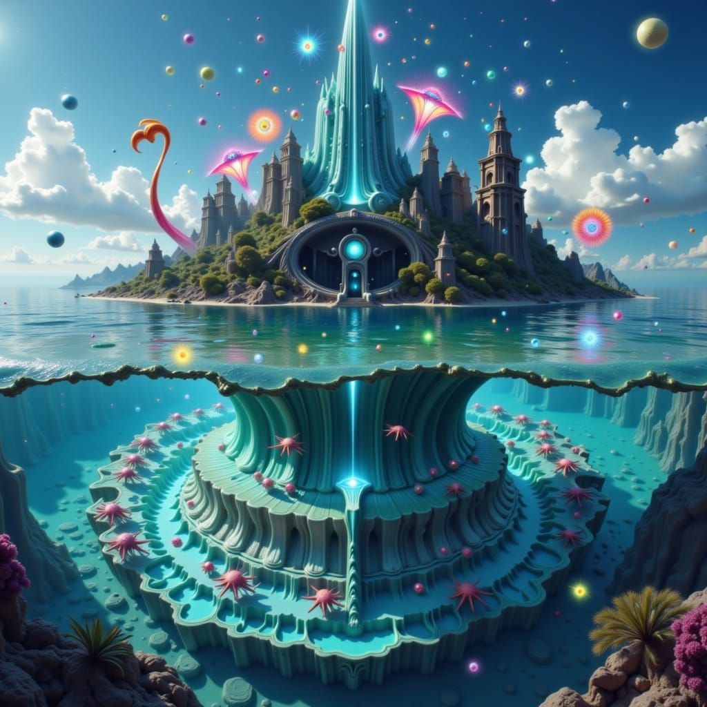 4k high resolution glass of water. inside that glass of water there is sunken city Atlantis. mermaids an sea creatures surround the sunken c...