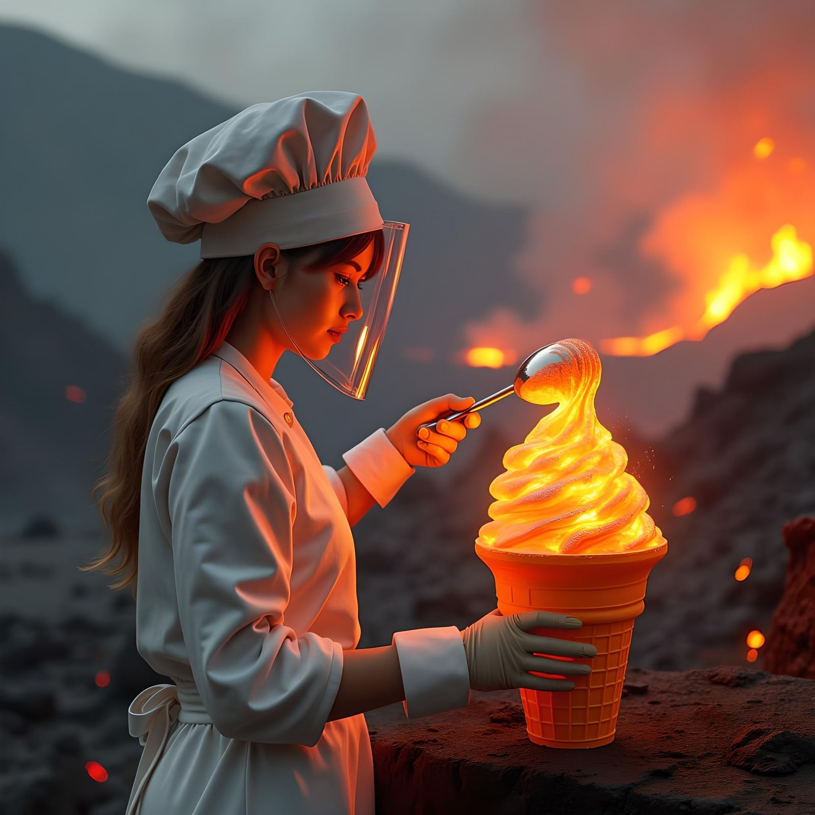 making a portion of hot ice cream for her volcano giant customer  by @Krawuzzn