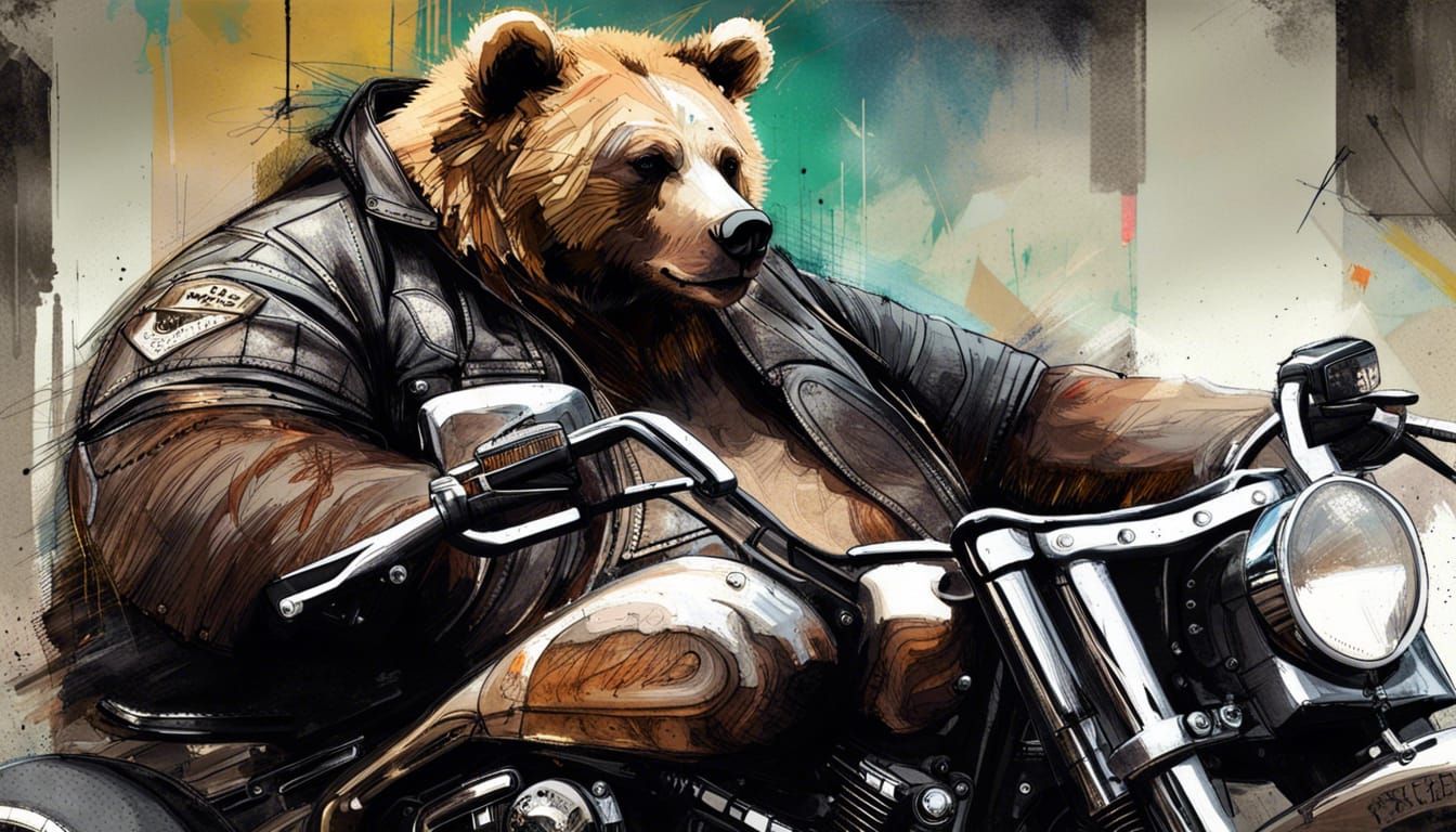 A Bear in biker gear sitting on a Harley Davidson