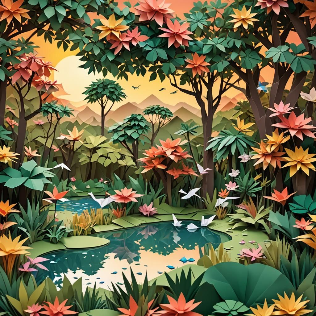 sun is setting down, walk in Origami paper folds papercraft,...