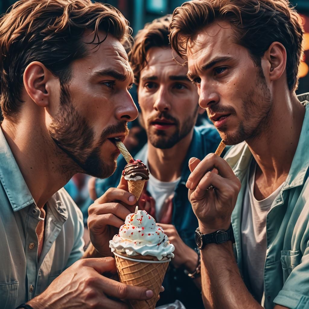 Famous Actors Share Ice Cream: Hyper-Realistic Portrait