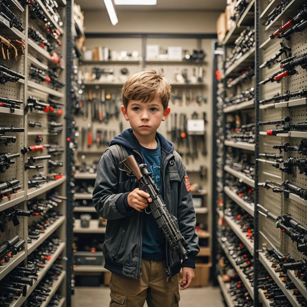 Little boy, in a weapon room