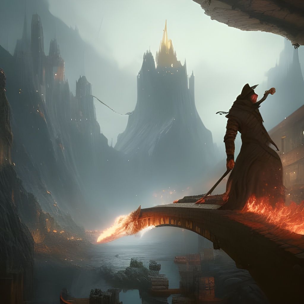A digital painting of a wizard fighting a demon dog on a bri...