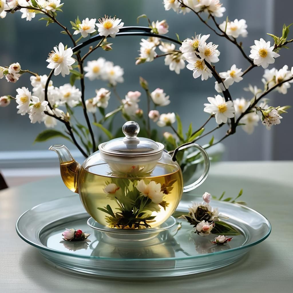 Translucent  tea pot with blooming tea sitting on a small tea tablr  by @Crazy fish