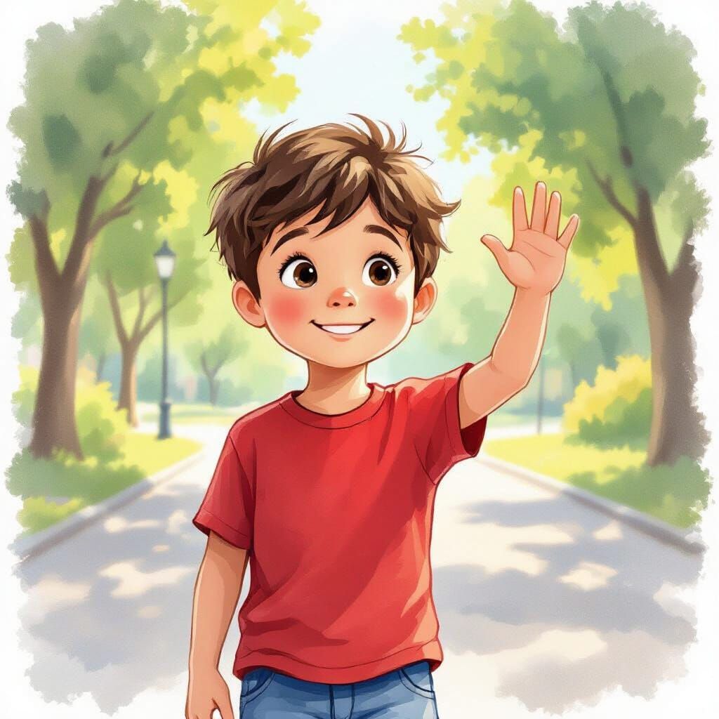 Young Boy Waves Goodbye in Sunny Park