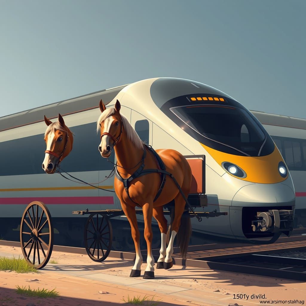 Horse with carriage standing next to high speed train.  by @undefined