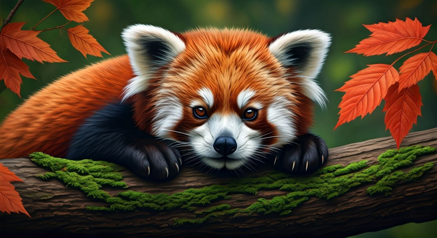 An ultrarealistic  red panda lounging on a branch surrounded by colorful autumn leaves hyperdetailed ...  by @LTSings