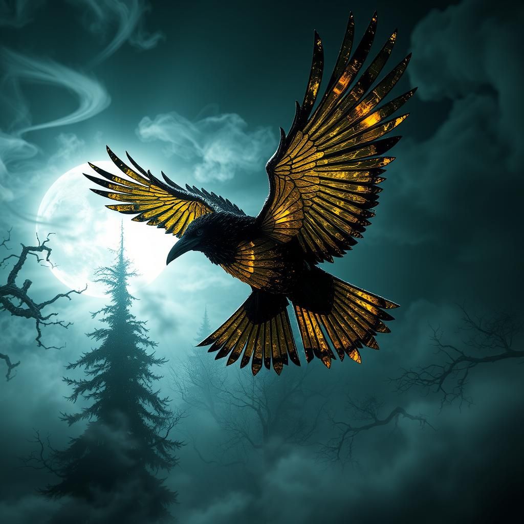 Create a breathtaking, cinematic banksy art image of an epic flying raven intricately crafted from yellow and black crystal glass. The image...