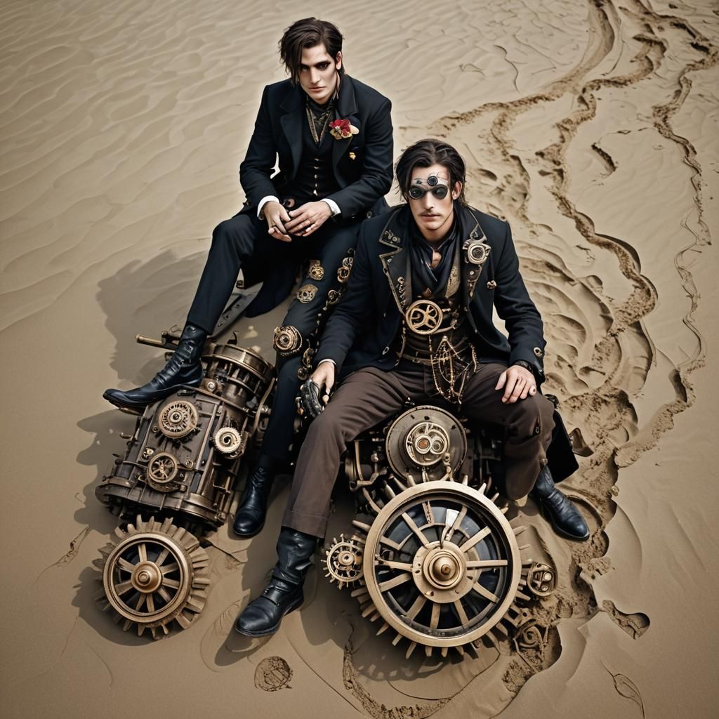 Steam punk goth guys in love on a beach in the sand. steampu...