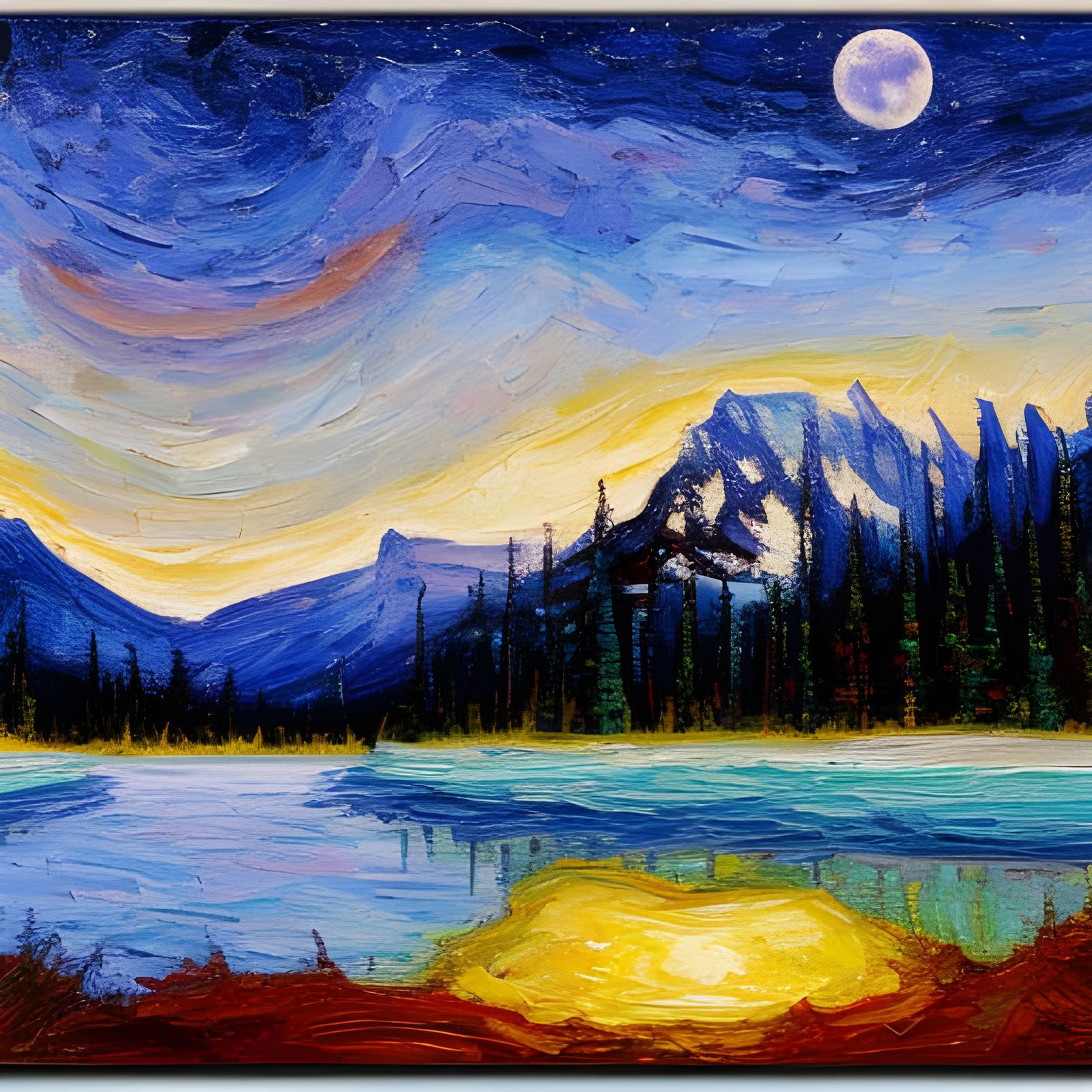 Canadian Rockies, dusk, sliver moon, stars, lake reflection ...