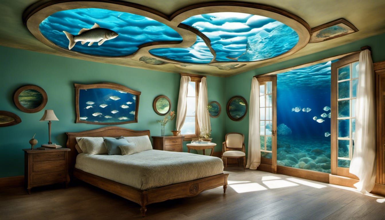 Surreal bedroom, with waves in the windows and fish swimming...