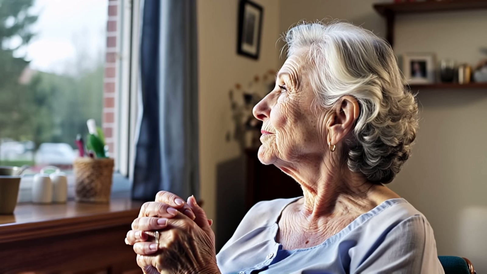 A gentle, elderly woman in her 70s sits by a window, staring outside, lost in thought. Flashbacks show her joyful life: ...