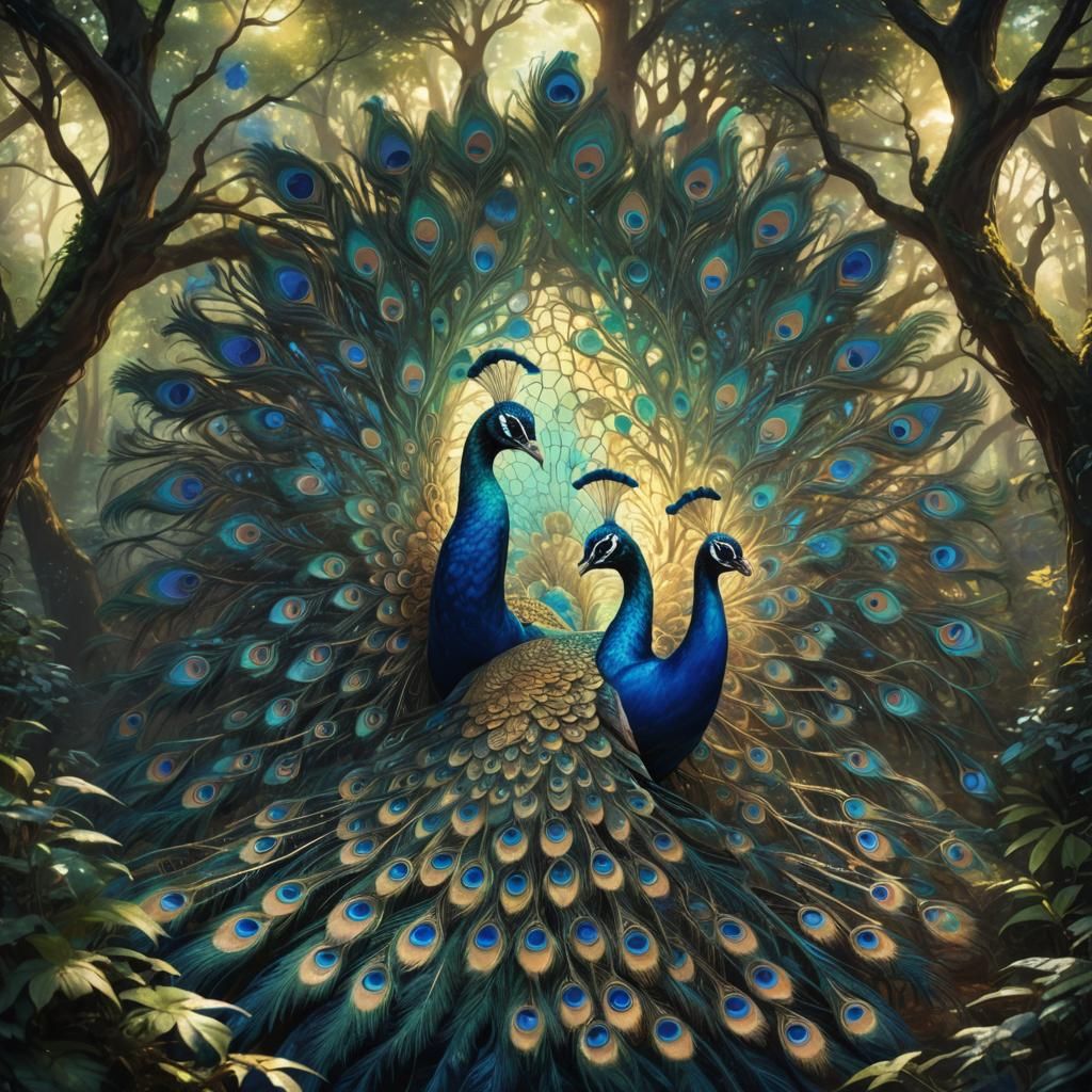 Majestic Peacock in Dreamlike Forest: Digital Fantasy Art